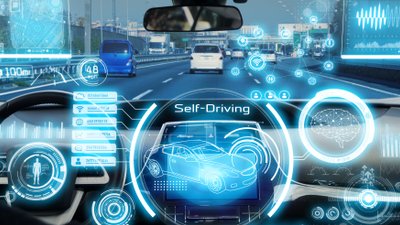 Graphik in blaugehaltenen Farben zum Thema Self-Driving