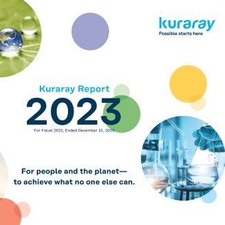 Grafik für den Download des Kuraray Reports 2023 mit lila, gelben und grünen Kreisen